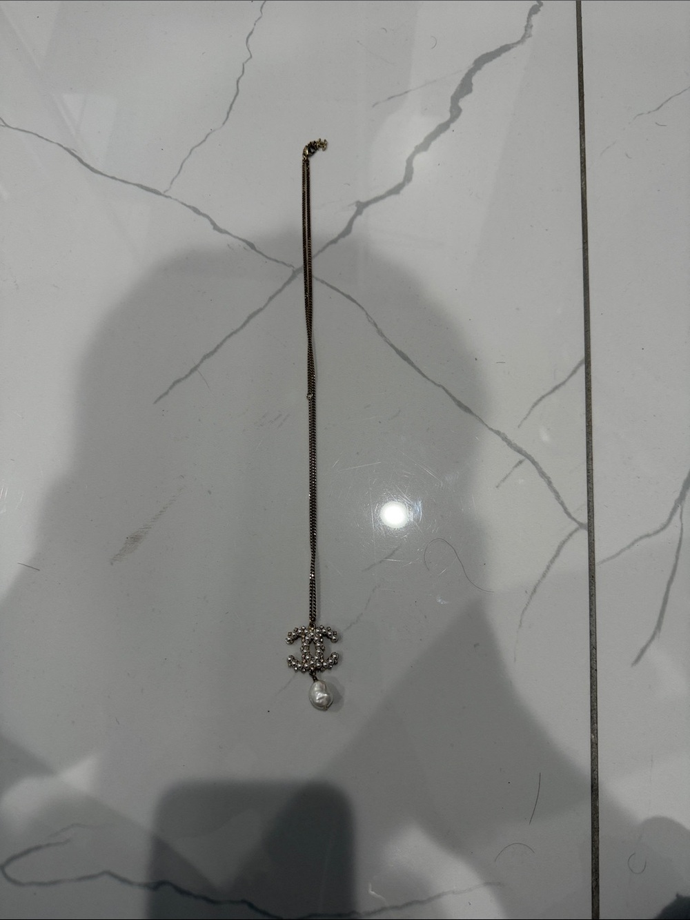 CHANEL Silver Crystal CC Pendant Necklace with Pearl Drop